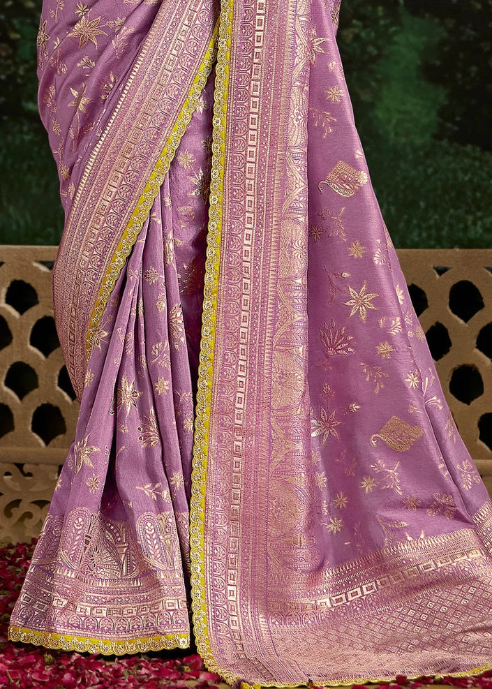 Lavender Purple Dola Banarasi Silk Saree & Yellow Embroidered Blouse
