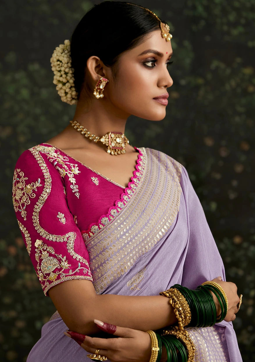 Lavender Purple Dola Banarasi Silk Saree & Rani Pink Embroidered Blouse