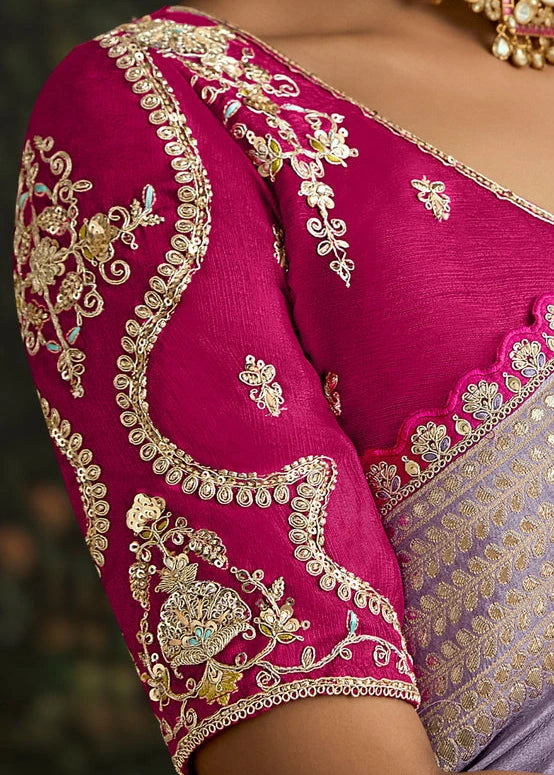 Lavender Purple Dola Banarasi Silk Saree & Rani Pink Embroidered Blouse