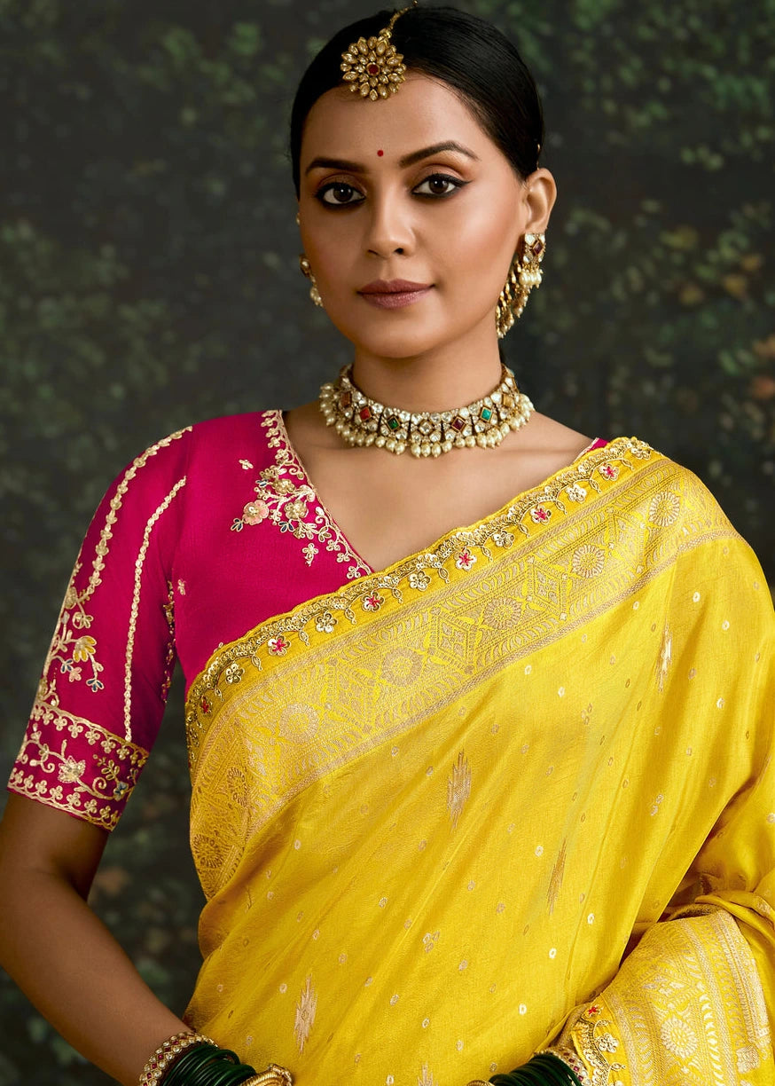 Yellow Dola Banarasi Silk Saree & Red Embroidered Blouse