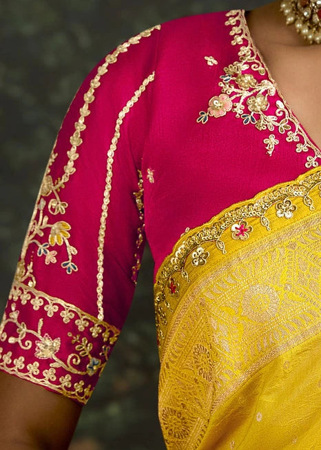 Yellow Dola Banarasi Silk Saree & Red Embroidered Blouse