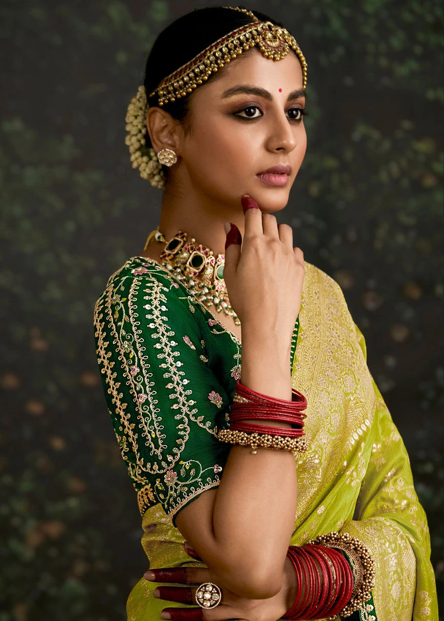 Lime Green Dola Banarasi Silk Saree & Dark Green Embroidered Blouse