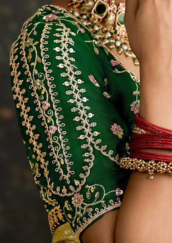 Lime Green Dola Banarasi Silk Saree & Dark Green Embroidered Blouse