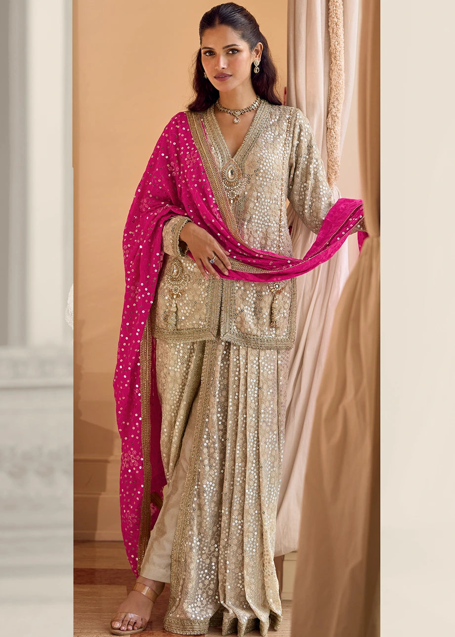 Beige Georgette Jacket and Dhoti Style Dress with Hot Pink Dupatta
