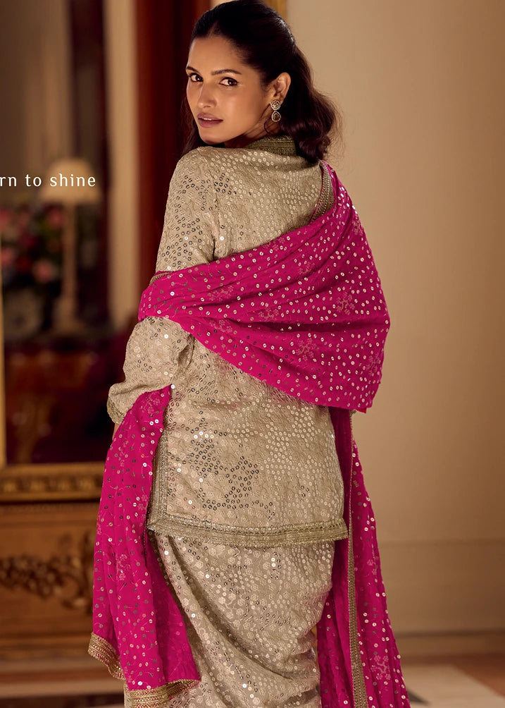 Beige Georgette Jacket and Dhoti Style Dress with Hot Pink Dupatta