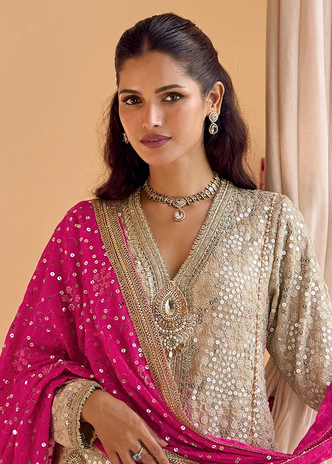 Beige Georgette Jacket and Dhoti Style Dress with Hot Pink Dupatta