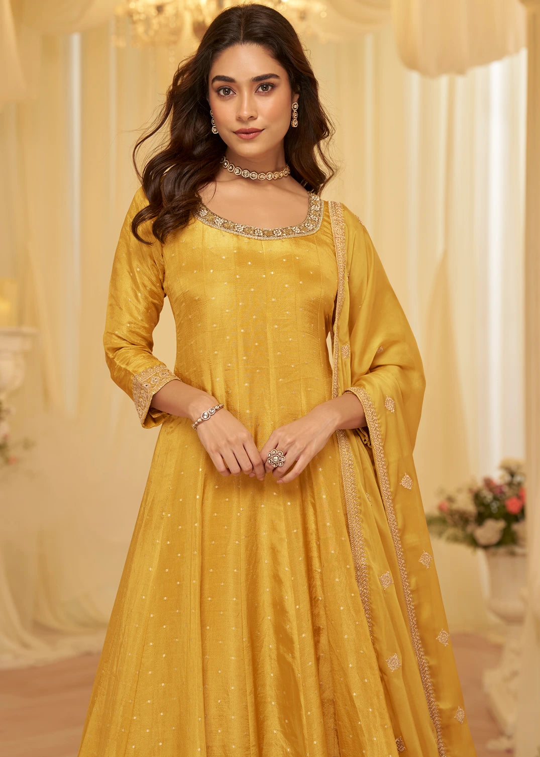 Yellow Silk Anarkali Gown Suit With Dupatta