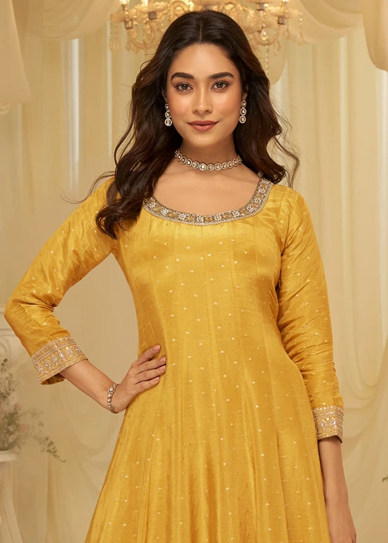 Yellow Silk Anarkali Gown Suit With Dupatta