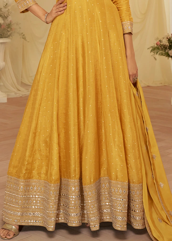 Yellow Silk Anarkali Gown Suit With Dupatta