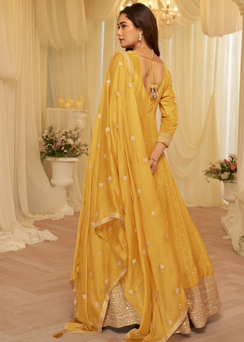 Yellow Silk Anarkali Gown Suit With Dupatta