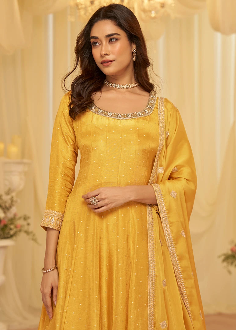 Yellow Silk Anarkali Gown Suit With Dupatta