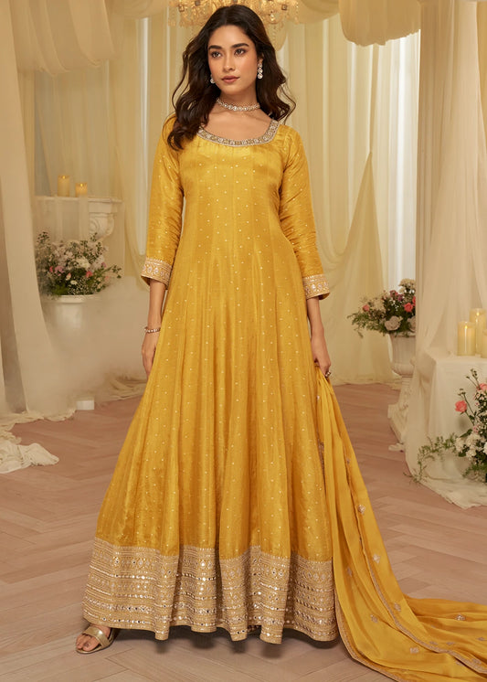 Yellow Silk Anarkali Gown Suit With Dupatta