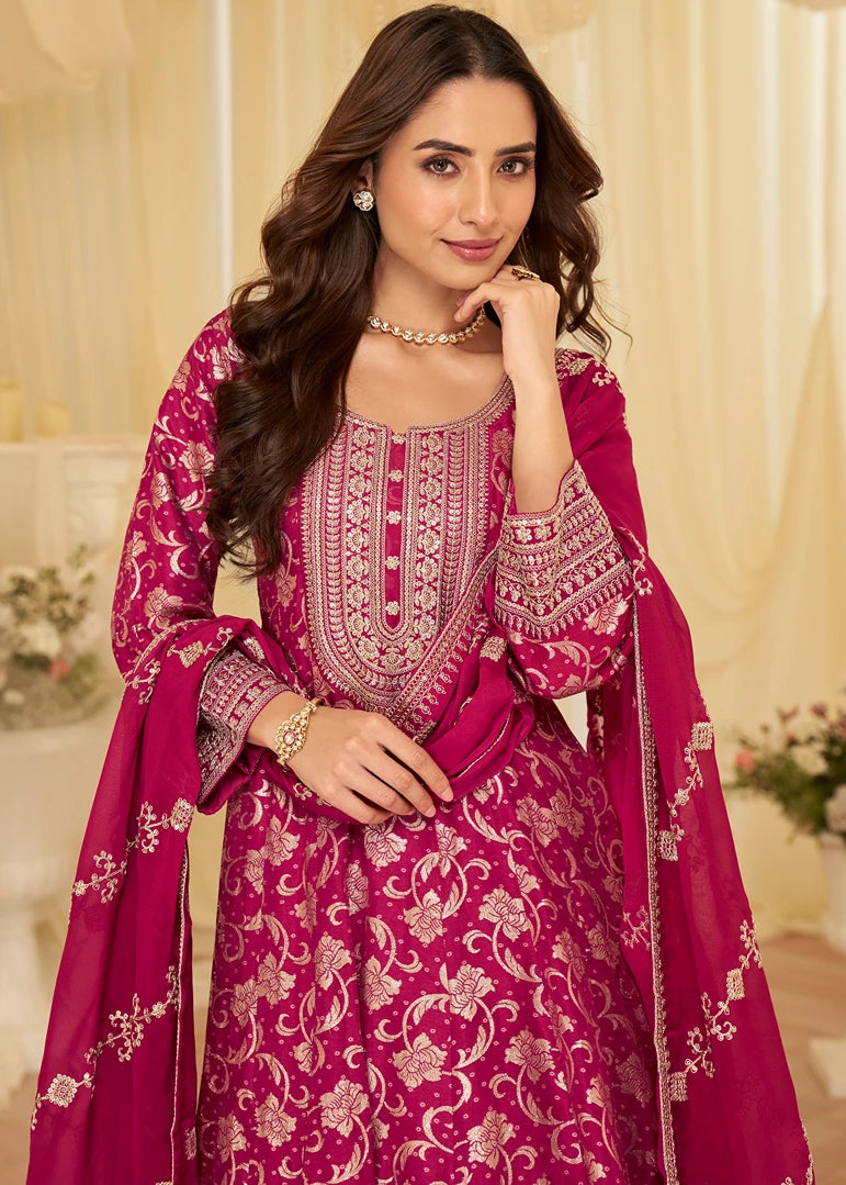 Deep Rani Pink Silk Anarkali Gown Suit With Dupatta