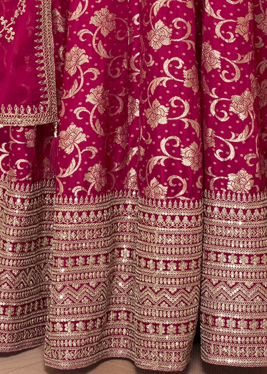 Deep Rani Pink Silk Anarkali Gown Suit With Dupatta