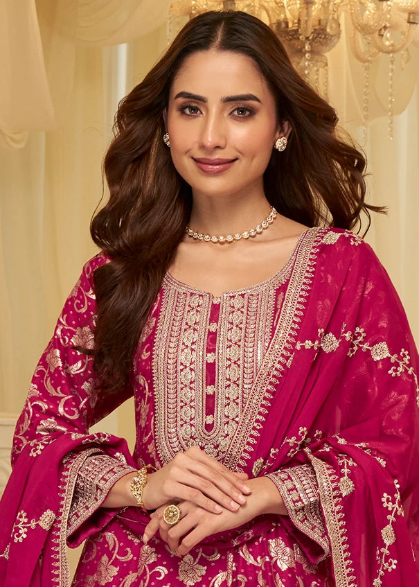 Deep Rani Pink Silk Anarkali Gown Suit With Dupatta