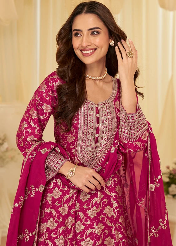 Deep Rani Pink Silk Anarkali Gown Suit With Dupatta