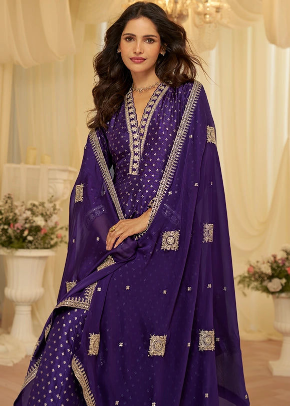 Violet Purple Silk Anarkali Gown Suit With Dupatta