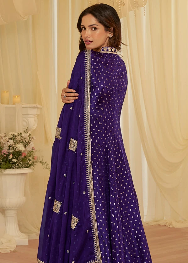Violet Purple Silk Anarkali Gown Suit With Dupatta