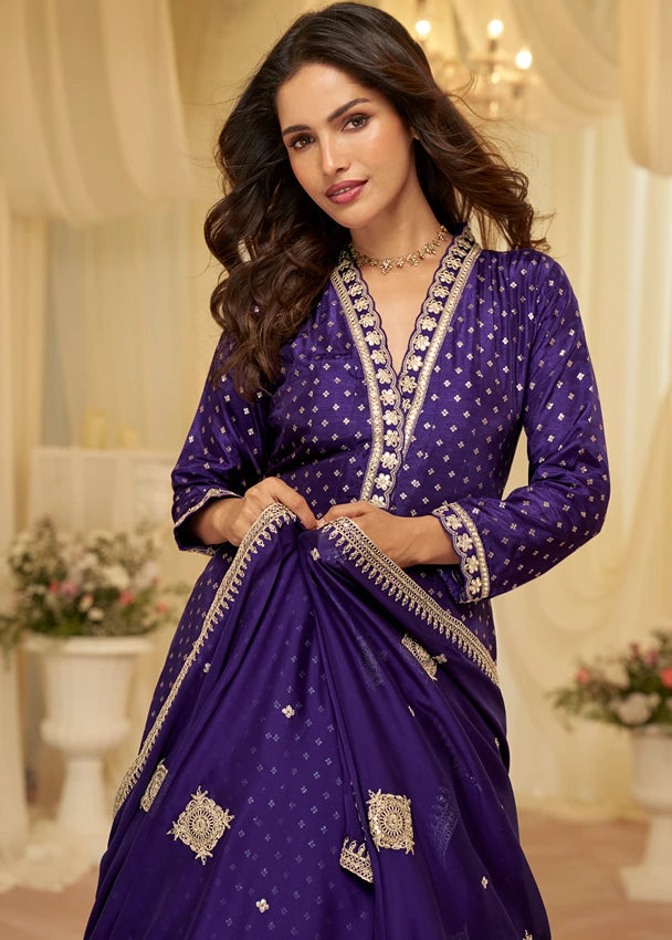 Violet Purple Silk Anarkali Gown Suit With Dupatta