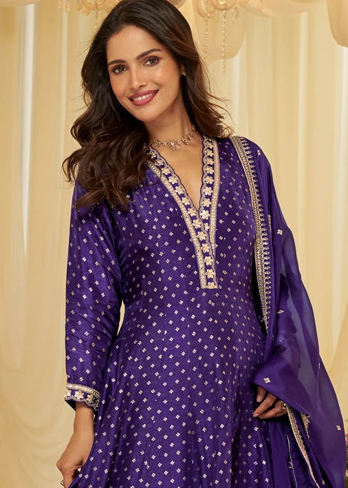 Violet Purple Silk Anarkali Gown Suit With Dupatta