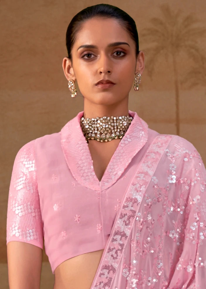 Pure Georgette Party Wear Pastel Pink Sequins Floral Saree