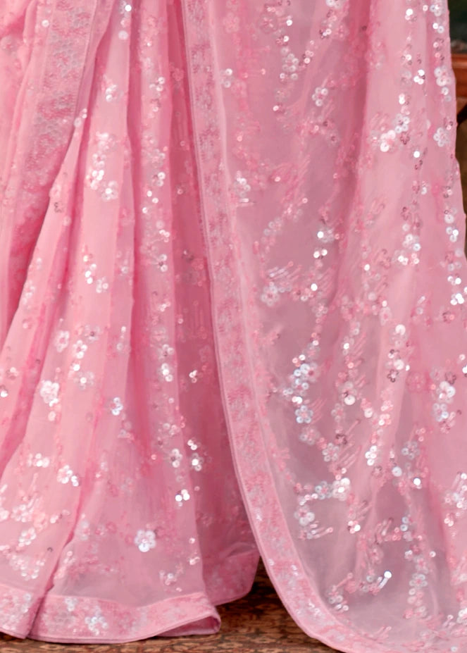 Pure Georgette Party Wear Pastel Pink Sequins Floral Saree