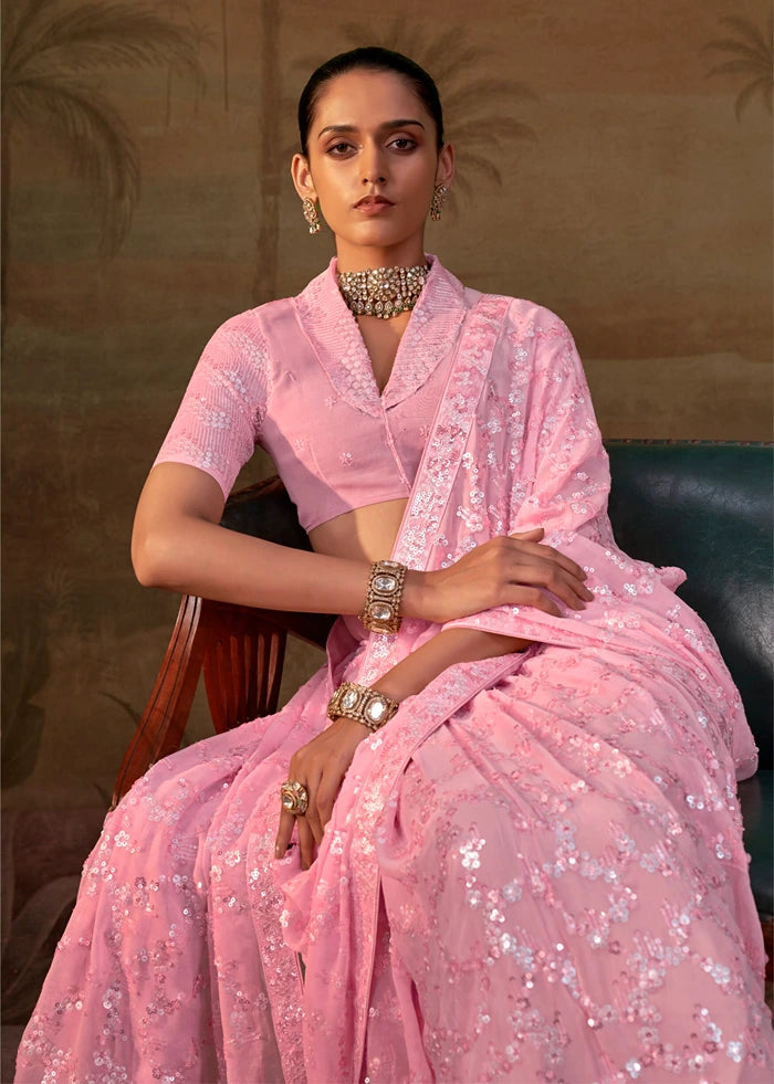 Pure Georgette Party Wear Pastel Pink Sequins Floral Saree