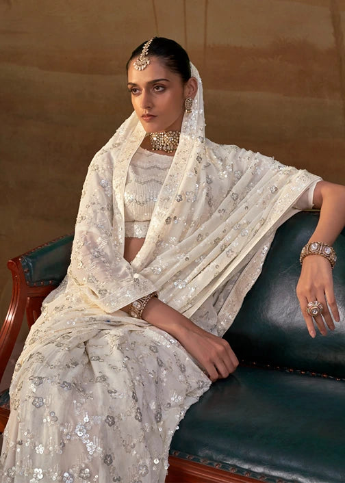 Pure Georgette Party Wear Ivory White Sequins Floral Saree