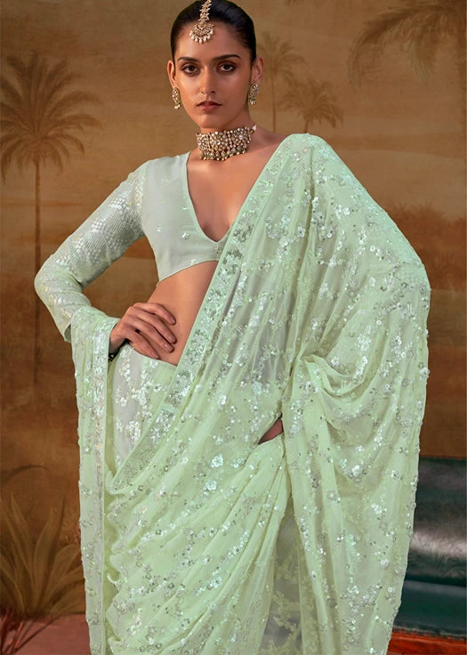 Pure Georgette Party Wear Pastel Green Sequins Floral Saree