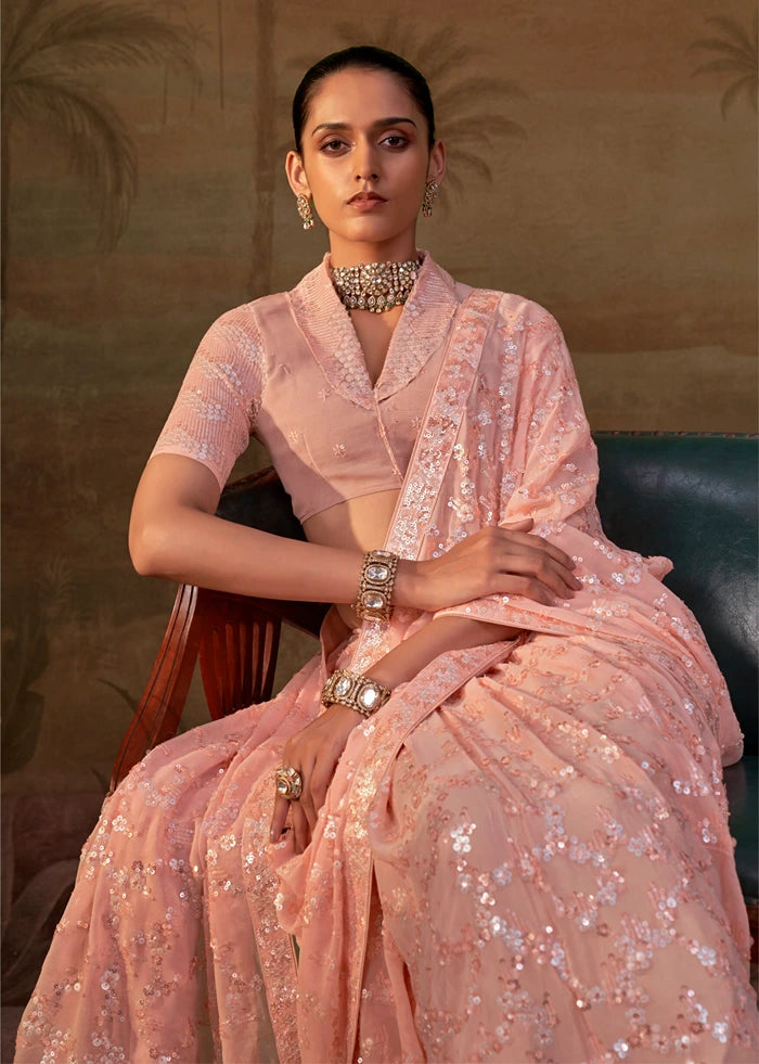 Pure Georgette Party Wear Peach Sequins Floral Saree