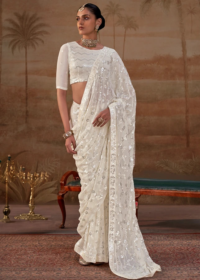 Pure Georgette Party Wear Ivory White Sequins Floral Saree