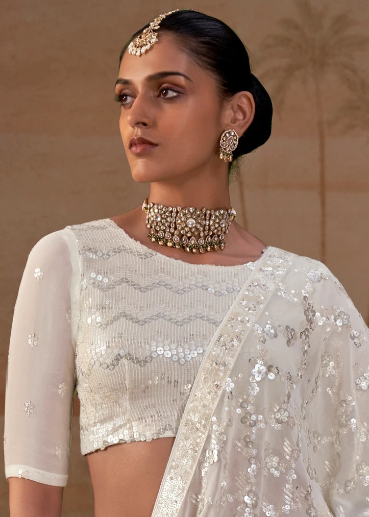 Pure Georgette Party Wear Ivory White Sequins Floral Saree