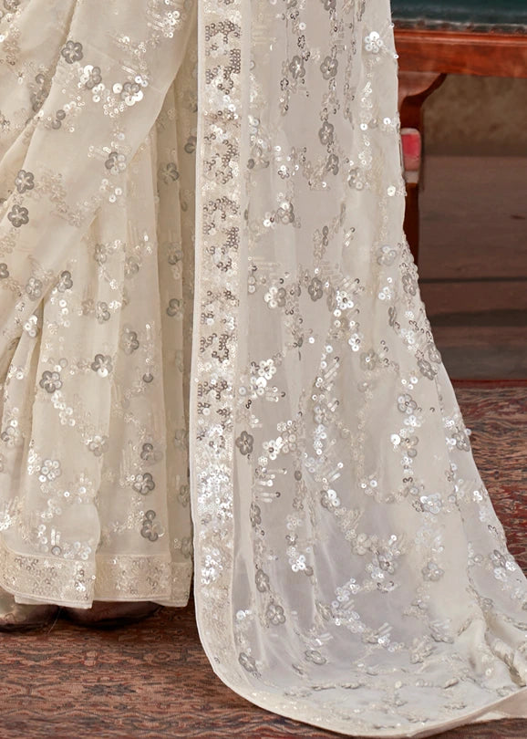 Pure Georgette Party Wear Ivory White Sequins Floral Saree