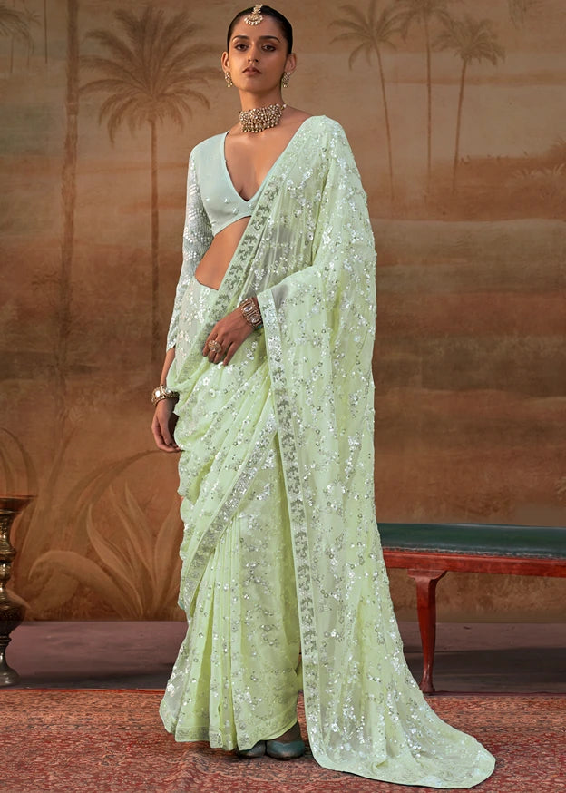 Pure Georgette Party Wear Pastel Green Sequins Floral Saree
