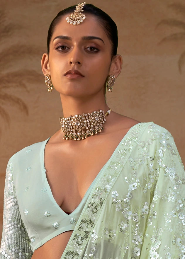 Pure Georgette Party Wear Pastel Green Sequins Floral Saree