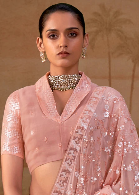 Pure Georgette Party Wear Peach Sequins Floral Saree