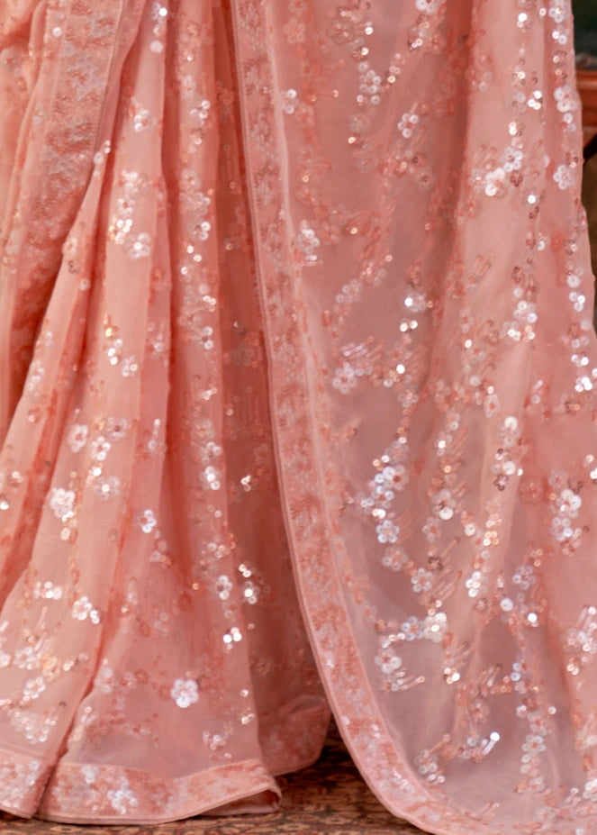 Pure Georgette Party Wear Peach Sequins Floral Saree