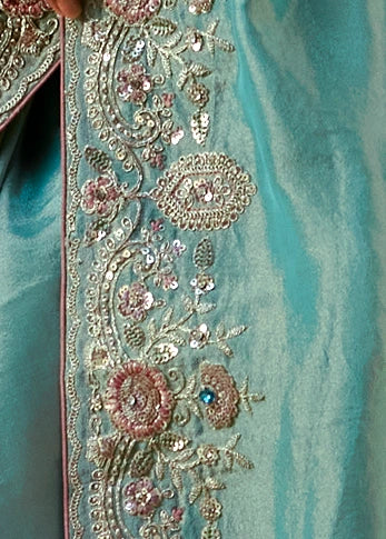 Pure Tissue Silk Sky Blue Embroidered Saree With Pink Blouse