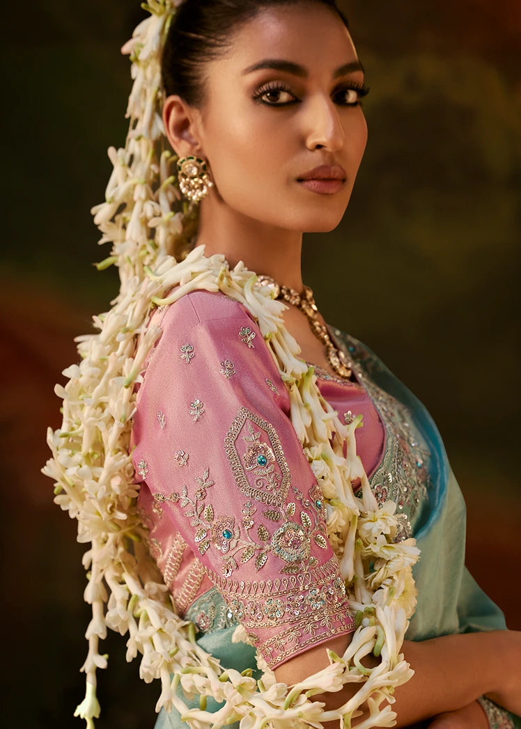 Pure Tissue Silk Sky Blue Embroidered Saree With Pink Blouse