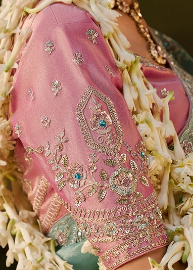 Pure Tissue Silk Sky Blue Embroidered Saree With Pink Blouse