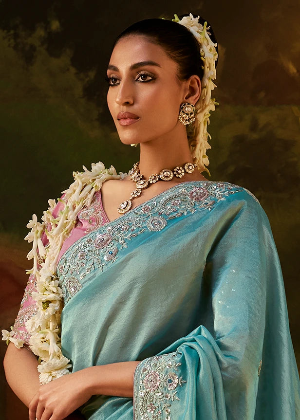 Pure Tissue Silk Sky Blue Embroidered Saree With Pink Blouse
