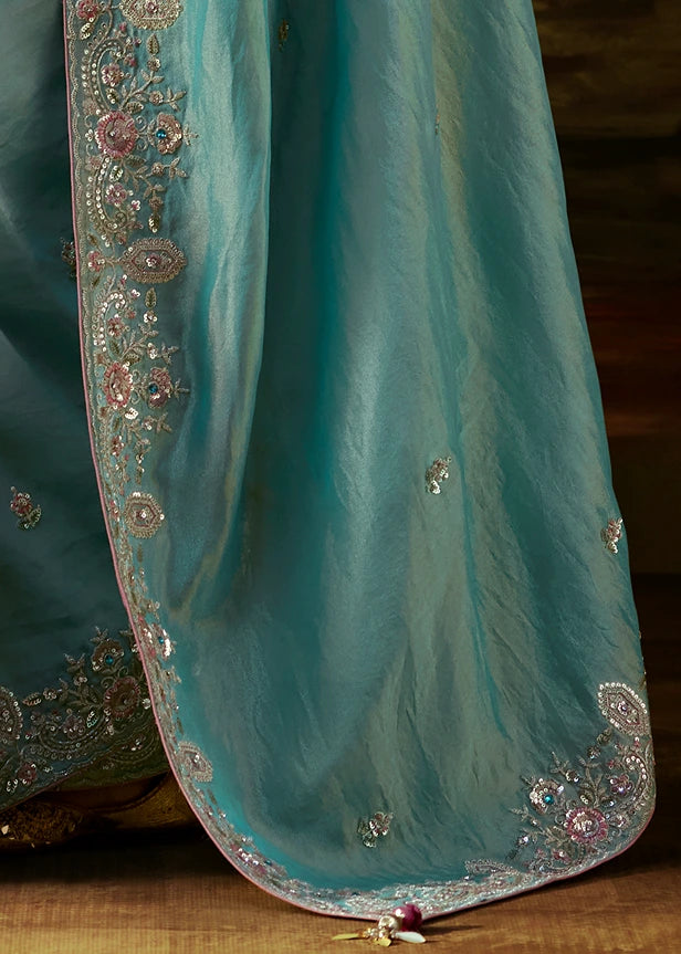 Pure Tissue Silk Sky Blue Embroidered Saree With Pink Blouse