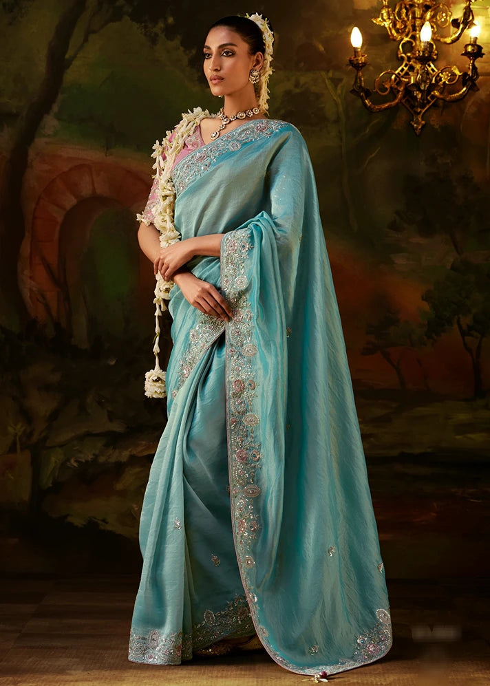 Pure Tissue Silk Sky Blue Embroidered Saree With Pink Blouse