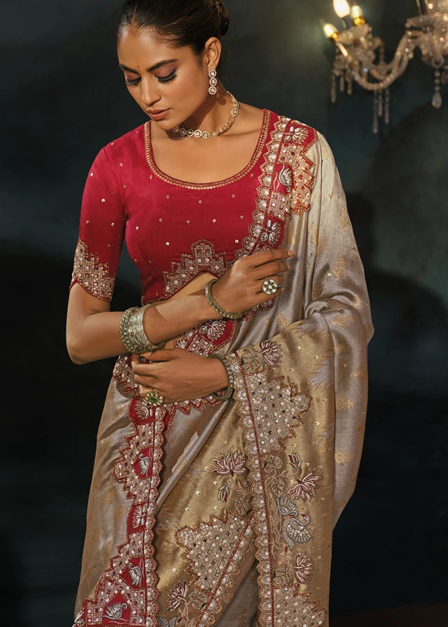 Silver & Golden Kanjivaram Silk Embroidered Saree With Red Blouse