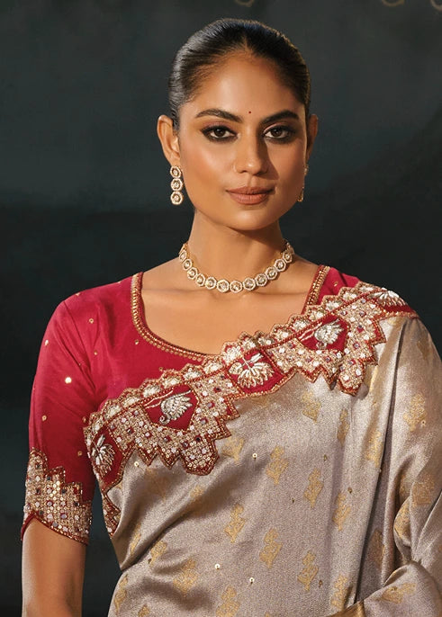 Silver & Golden Kanjivaram Silk Embroidered Saree With Red Blouse