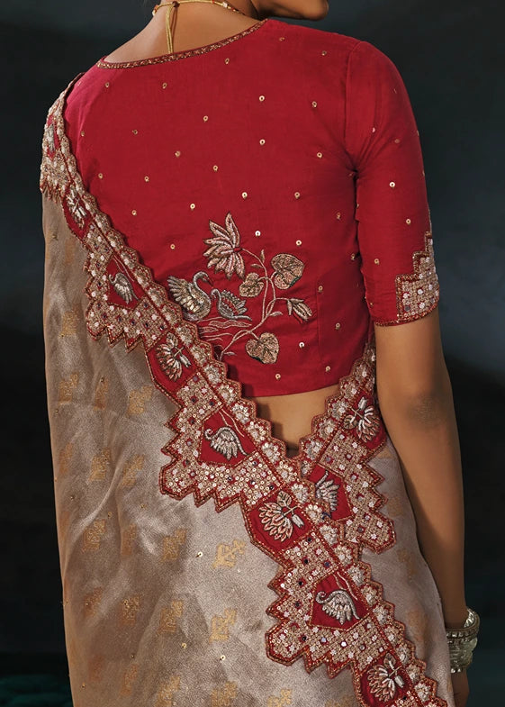 Silver & Golden Kanjivaram Silk Embroidered Saree With Red Blouse