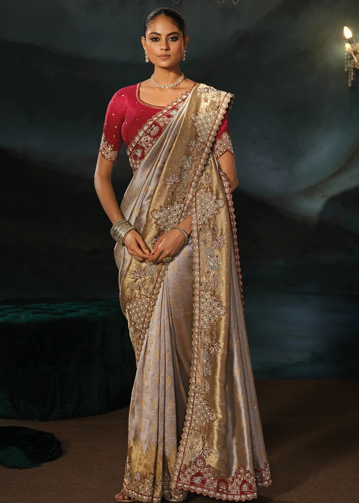 Silver & Golden Kanjivaram Silk Embroidered Saree With Red Blouse