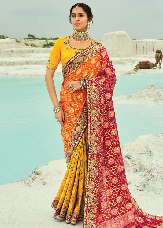 Yellow Orange & Red Multicolor Khaddi Georgette Embroidered Bandhani Saree