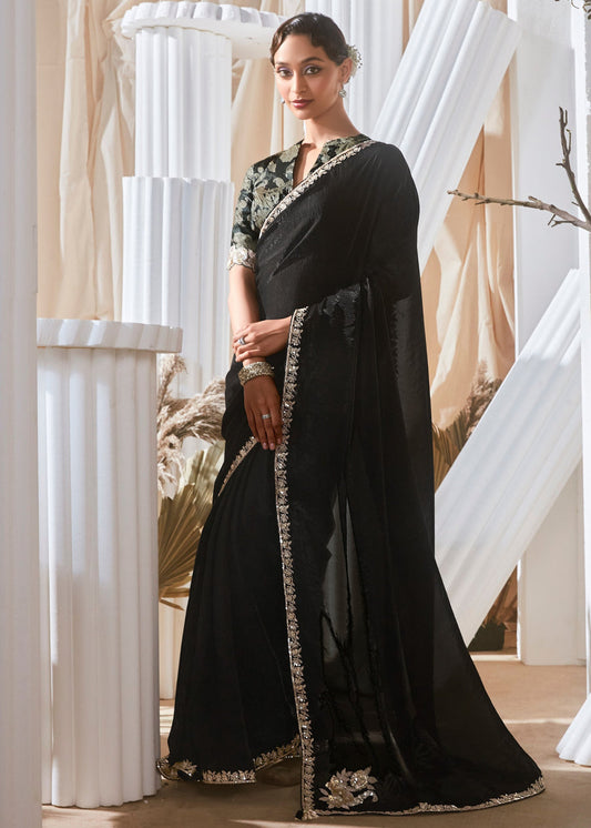 Black Organza Tissue Silk Embroidered Saree & Printed Blouse