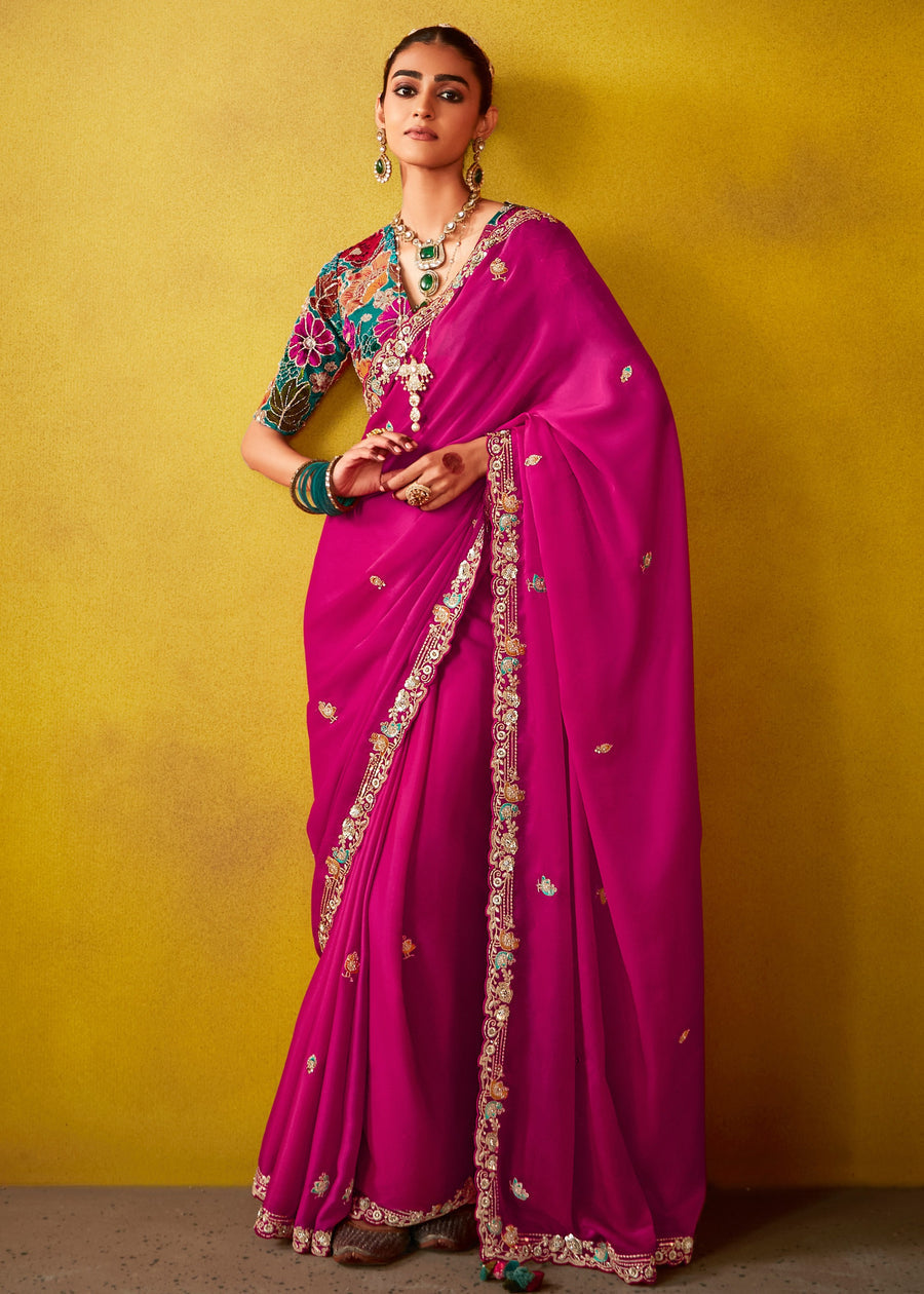 Hot Pink Glass Tissue Silk Embroidered Saree & Blue Printed Blouse